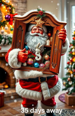 A cheerful Santa Claus decorated in his classic red and white suit, holding a beautifully crafted wooden cabinet filled with colorful Christmas ornaments and festive decorations