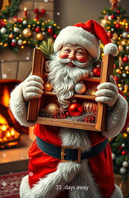 A cheerful Santa Claus decorated in his classic red and white suit, holding a beautifully crafted wooden cabinet filled with colorful Christmas ornaments and festive decorations