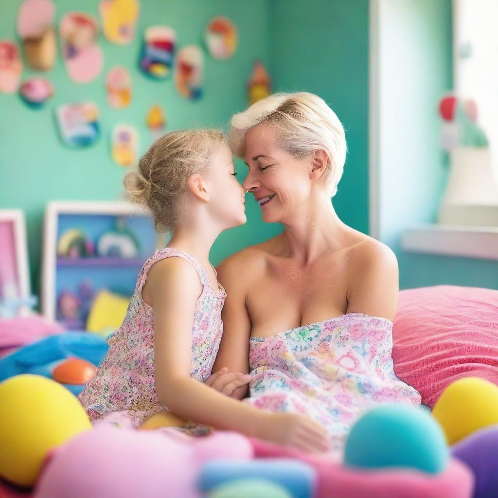 A tender moment with a 35-year-old mother with short blond hair, in beachwear, cuddling her 10-year-old daughter in a colorful, bright girls' room filled with toys and large windows, during the day