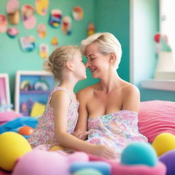 A tender moment with a 35-year-old mother with short blond hair, in beachwear, cuddling her 10-year-old daughter in a colorful, bright girls' room filled with toys and large windows, during the day