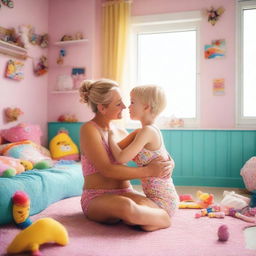 A tender moment with a 35-year-old mother with short blond hair, in beachwear, cuddling her 10-year-old daughter in a colorful, bright girls' room filled with toys and large windows, during the day
