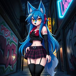 A captivating portrayal of Loona, a beautiful anthropomorphic wolf girl with striking blue fur and vibrant yellow eyes, standing confidently against a dark, urban backdrop