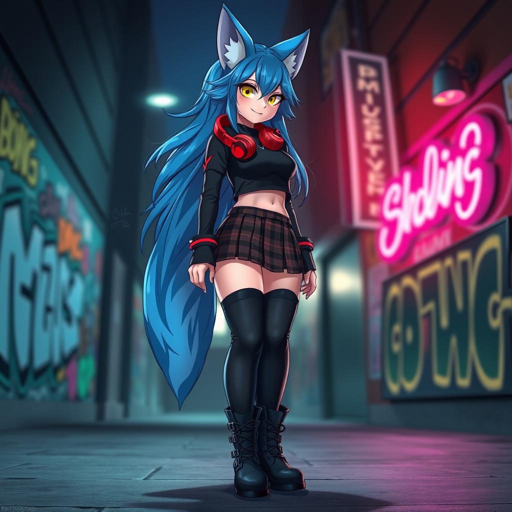 A captivating portrayal of Loona, a beautiful anthropomorphic wolf girl with striking blue fur and vibrant yellow eyes, standing confidently against a dark, urban backdrop