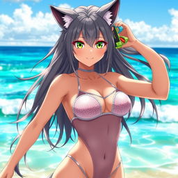 An alluring depiction of a hot anime wolf girl, featuring sleek gray fur and striking green eyes, posing confidently on a sun-soaked beach