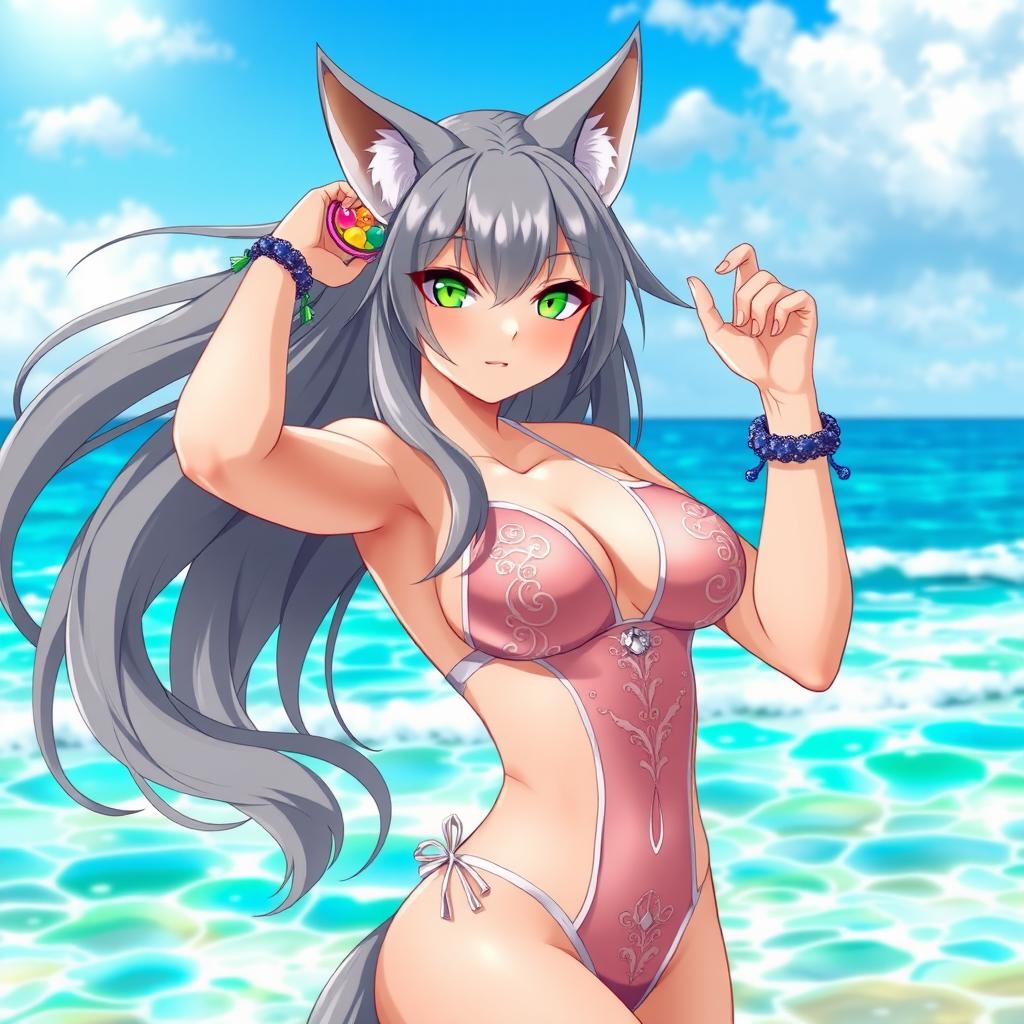 An alluring depiction of a hot anime wolf girl, featuring sleek gray fur and striking green eyes, posing confidently on a sun-soaked beach