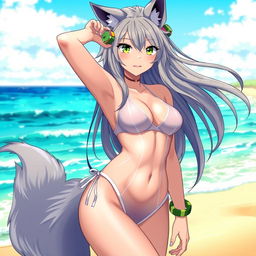 An alluring depiction of a hot anime wolf girl, featuring sleek gray fur and striking green eyes, posing confidently on a sun-soaked beach