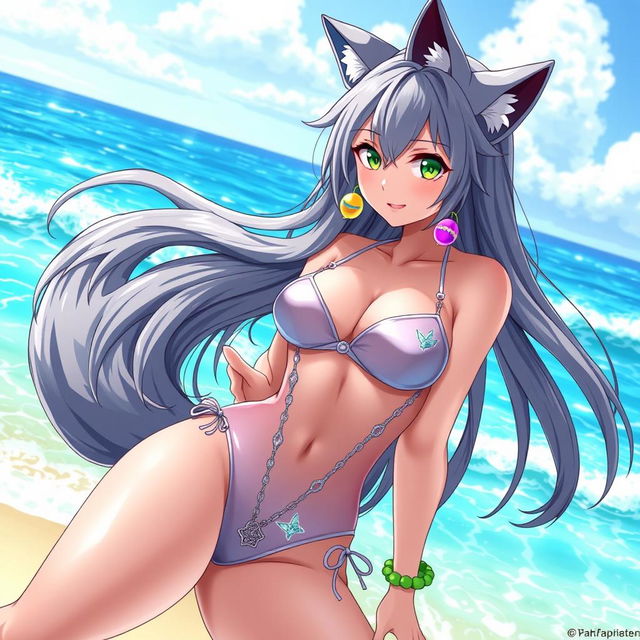 An alluring depiction of a hot anime wolf girl, featuring sleek gray fur and striking green eyes, posing confidently on a sun-soaked beach