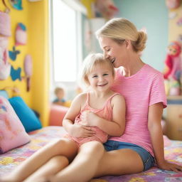 A tender moment with a 35-year-old mother with short blond hair, in beachwear, cuddling her 10-year-old daughter in a colorful, bright girls' room filled with toys and large windows, during the day