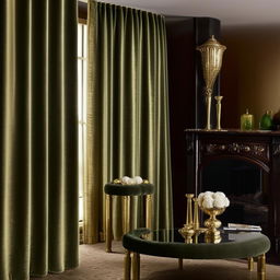 An opulently styled hotel room with dark wooden floors, a black bed and matching side tables. Beige velvet curtains pair with white sheer curtains for depth. Two accent coffee chairs, perhaps of deep emerald green velvet with gold accents, accompany a glass top coffee table, and an ornate gold console table.