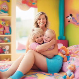 A warm scene of a 35-year-old mother with short blond hair and slim body, in beachwear, cuddling her 10-year-old daughter, both looking towards the viewer, in a bright, toy-filled colorful girls' room with large windows during the day
