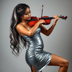 A full-length portrait of a 22-year-old beautiful tanned girl with angular facial features, a tight full rounded belly, and thick thighs and legs