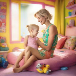 A warm scene of a 35-year-old mother with short blond hair and slim body, in beachwear, cuddling her 10-year-old daughter, both looking towards the viewer, in a bright, toy-filled colorful girls' room with large windows during the day