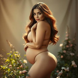 A beautiful, curvy woman with an emphasis on her voluptuous figure, gracefully posed in an artistic manner