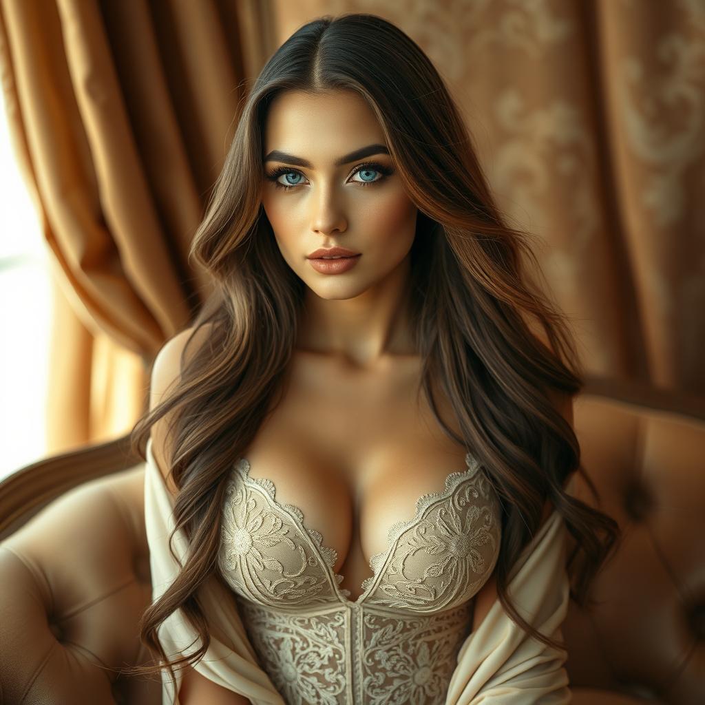 A beautifully detailed portrait of an elegant woman in a luxurious setting, draped in stylish lingerie, showcasing a harmonious blend of fashion and art