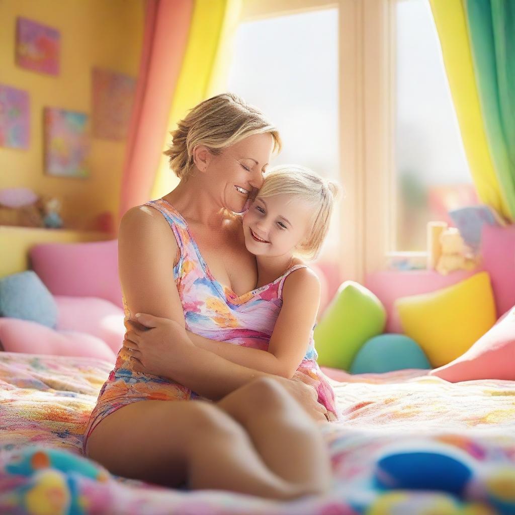 A warm scene of a 35-year-old mother with short blond hair and slim body, in beachwear, cuddling her 10-year-old daughter, both looking towards the viewer, in a bright, toy-filled colorful girls' room with large windows during the day
