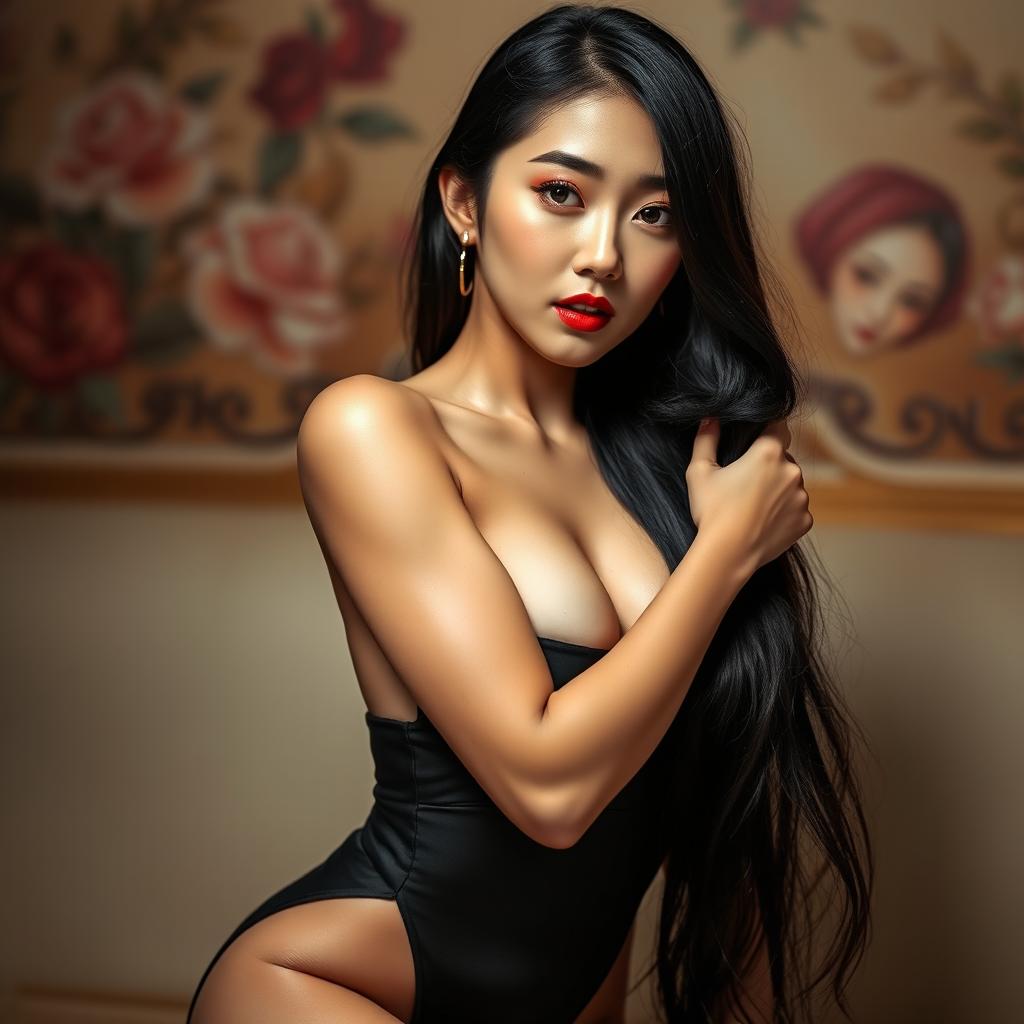 A stunning and seductive Korean female exuding elegance and confidence, positioned in a sensual pose, with a beautifully crafted background that emphasizes her allure