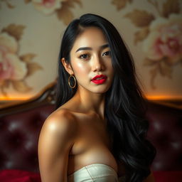 A stunning and seductive Korean female exuding elegance and confidence, positioned in a sensual pose, with a beautifully crafted background that emphasizes her allure