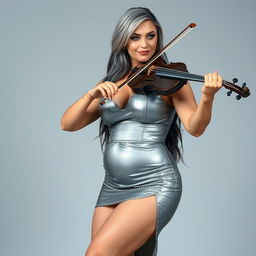 A full-length image of a 22-year-old beautiful curvy woman with a tight full rounded belly and thick thighs