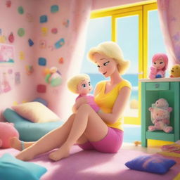 A comforting scene of a 35-year-old mother with short blond hair and slim body in modern beachwear, cuddling her 10-year-old daughter, both looking towards the viewer, set in a bright, toy-filled, colorful girls' room with large windows during the day