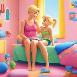 A comforting scene of a 35-year-old mother with short blond hair and slim body in modern beachwear, cuddling her 10-year-old daughter, both looking towards the viewer, set in a bright, toy-filled, colorful girls' room with large windows during the day