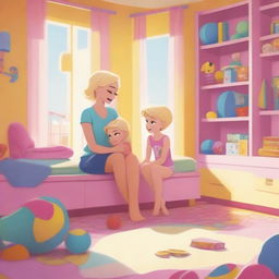 A comforting scene of a 35-year-old mother with short blond hair and slim body in modern beachwear, cuddling her 10-year-old daughter, both looking towards the viewer, set in a bright, toy-filled, colorful girls' room with large windows during the day