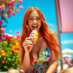 A stunning hot redhead woman, with long flowing hair, playfully licking a delicious ice cream cone