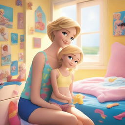 A touching scene of a 35-year-old mother with short blond hair, in modern beachwear, cuddling her 10-year-old daughter, both looking towards the viewer, in a bright, colorful girls' room filled with toys, large windows, and bathed in daylight