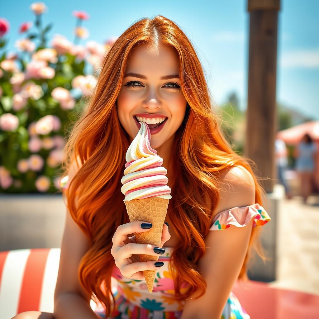 A stunning hot redhead woman, with long flowing hair, playfully licking a delicious ice cream cone