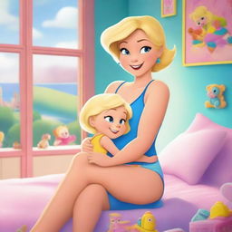 A touching scene of a 35-year-old mother with short blond hair, in modern beachwear, cuddling her 10-year-old daughter, both looking towards the viewer, in a bright, colorful girls' room filled with toys, large windows, and bathed in daylight