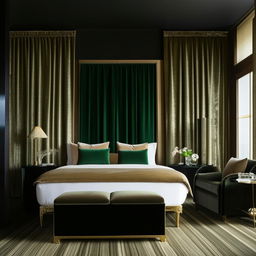 An opulently styled hotel room with dark wooden floors, a black bed and matching side tables. Beige velvet curtains pair with white sheer curtains for depth. Two accent coffee chairs, perhaps of deep emerald green velvet with gold accents, accompany a glass top coffee table, and an ornate gold console table.