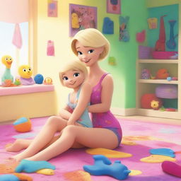 A touching scene of a 35-year-old mother with short blond hair, in modern beachwear, cuddling her 10-year-old daughter, both looking towards the viewer, in a bright, colorful girls' room filled with toys, large windows, and bathed in daylight