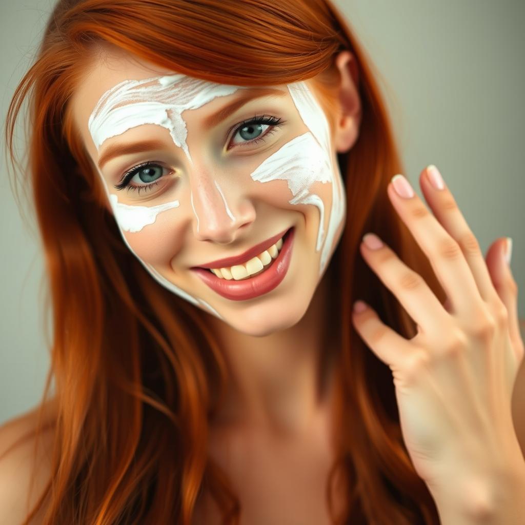 A beautiful, hot redhead woman playfully covered in a light layer of chantilly cream on her face