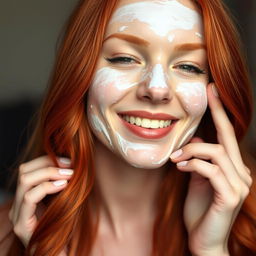 A beautiful, hot redhead woman playfully covered in a light layer of chantilly cream on her face