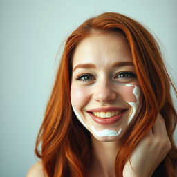 A beautiful, hot redhead woman playfully covered in a light layer of chantilly cream on her face
