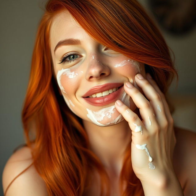 A beautiful, hot redhead woman playfully covered in a light layer of chantilly cream on her face