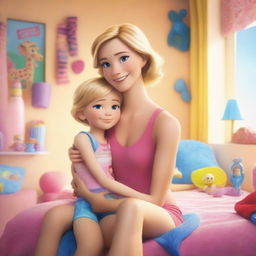 A touching scene of a 35-year-old mother with short blond hair, in modern beachwear, cuddling her 10-year-old daughter, both looking towards the viewer, in a bright, colorful girls' room filled with toys, large windows, and bathed in daylight