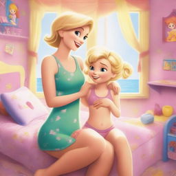 A heartfelt scene of a 35-year-old mother with short blond hair and slim build, in beachwear, cuddling her 10-year-old daughter, both looking towards the viewer, in a vibrant, toy-filled girls' room with large windows allowing bright daylight