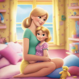 A heartfelt scene of a 35-year-old mother with short blond hair and slim build, in beachwear, cuddling her 10-year-old daughter, both looking towards the viewer, in a vibrant, toy-filled girls' room with large windows allowing bright daylight