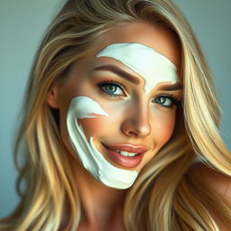 A stunning, hot blonde woman with a flirtatious expression, playfully adorned with a rich layer of sexy chantilly cream on her face