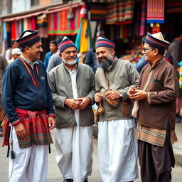 A group of men wearing traditional Nepali dress, showcasing a variety of styles including Daura Suruwal and Dhaka hats