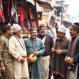 A group of men wearing traditional Nepali dress, showcasing a variety of styles including Daura Suruwal and Dhaka hats