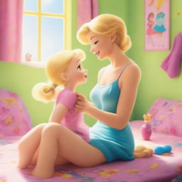 A heartfelt scene of a 35-year-old mother with short blond hair and slim build, in beachwear, cuddling her 10-year-old daughter, both looking towards the viewer, in a vibrant, toy-filled girls' room with large windows allowing bright daylight