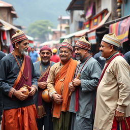 A group of men wearing traditional Nepali dress, showcasing a variety of styles including Daura Suruwal and Dhaka hats