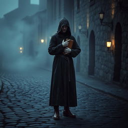 A discreet person dressed in medieval clothing, wearing a long, flowing dark robe adorned with intricate patterns, a hood partially covering their face, and sturdy leather boots
