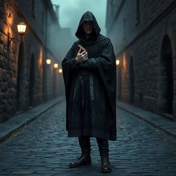 A discreet person dressed in medieval clothing, wearing a long, flowing dark robe adorned with intricate patterns, a hood partially covering their face, and sturdy leather boots