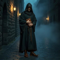 A discreet person dressed in medieval clothing, wearing a long, flowing dark robe adorned with intricate patterns, a hood partially covering their face, and sturdy leather boots