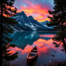 A serene mountain landscape at sunset, with vibrant hues of orange, pink, and purple illuminating the sky