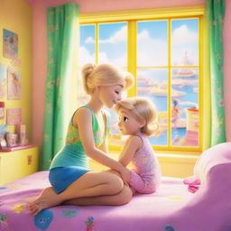A heartfelt scene of a 35-year-old mother with short blond hair and slim build, in beachwear, cuddling her 10-year-old daughter, both looking towards the viewer, in a vibrant, toy-filled girls' room with large windows allowing bright daylight