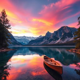 A serene mountain landscape at sunset, with vibrant hues of orange, pink, and purple illuminating the sky