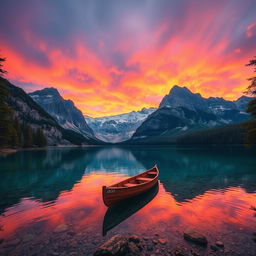 A serene mountain landscape at sunset, with vibrant hues of orange, pink, and purple illuminating the sky